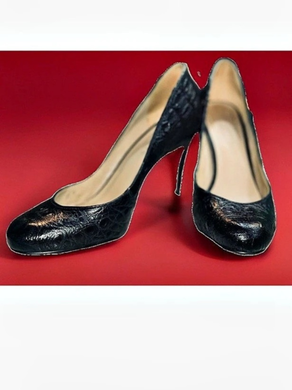 Talbots Black Croc Embossed Leather Stiletto Pumps Heels 8B Made in Brazil